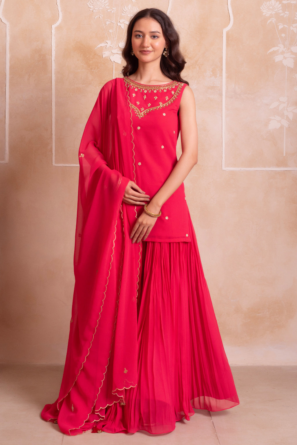 Magenta Pink Georgette Sharara Set with Embellished Yoke