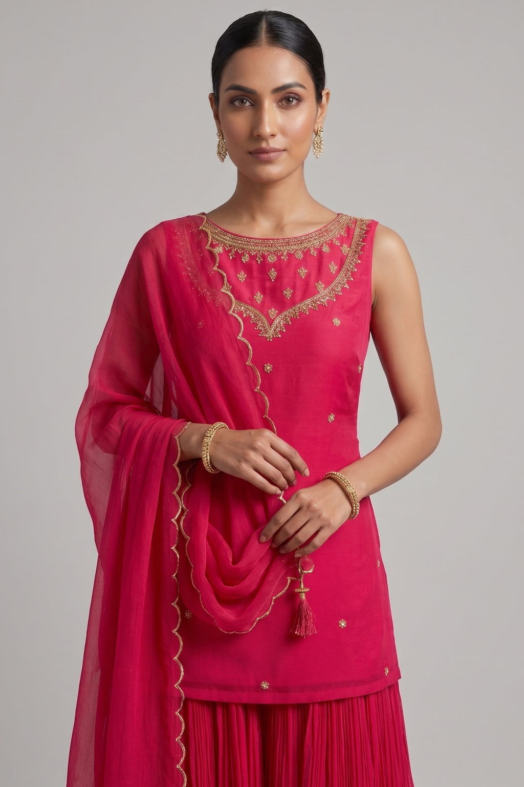 Magenta Pink Georgette Sharara Set with Embellished Yoke