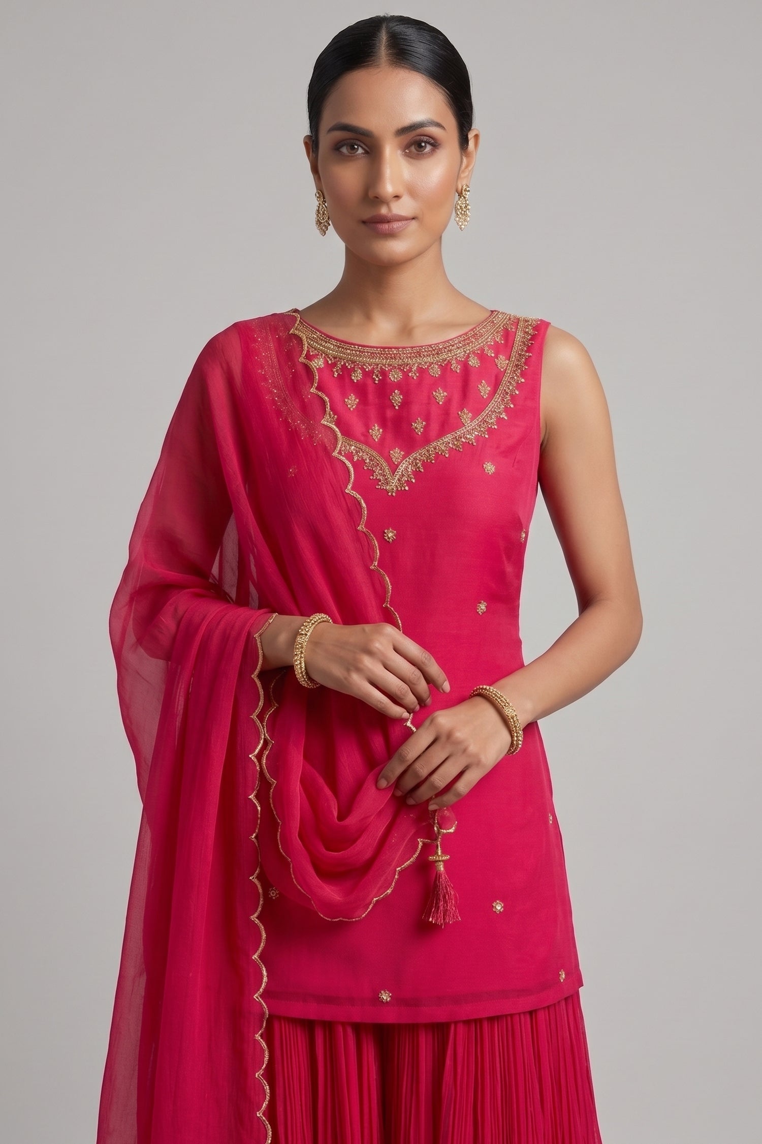 Magenta Pink Georgette Sharara Set with Embellished Yoke