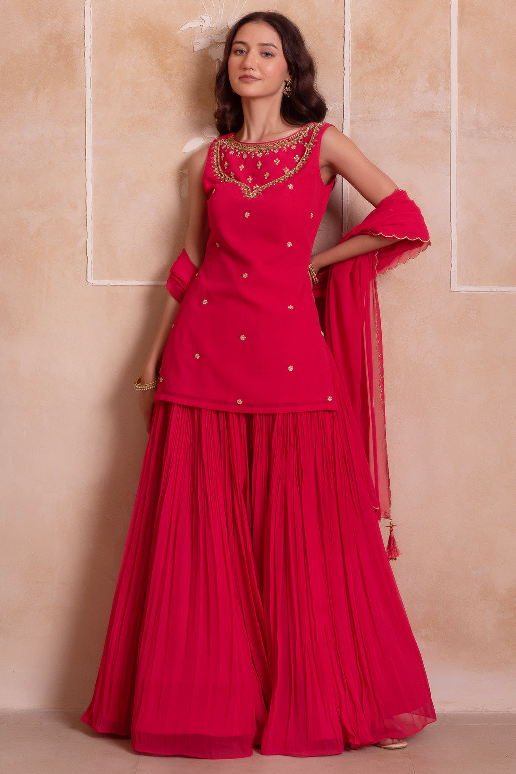 Magenta Pink Georgette Sharara Set with Embellished Yoke