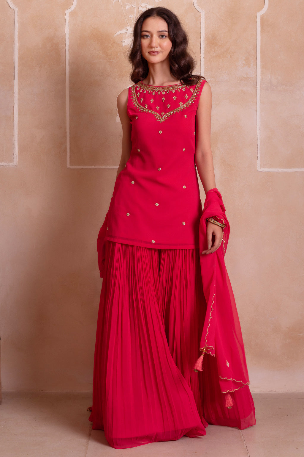 Magenta Pink Georgette Sharara Set with Embellished Yoke