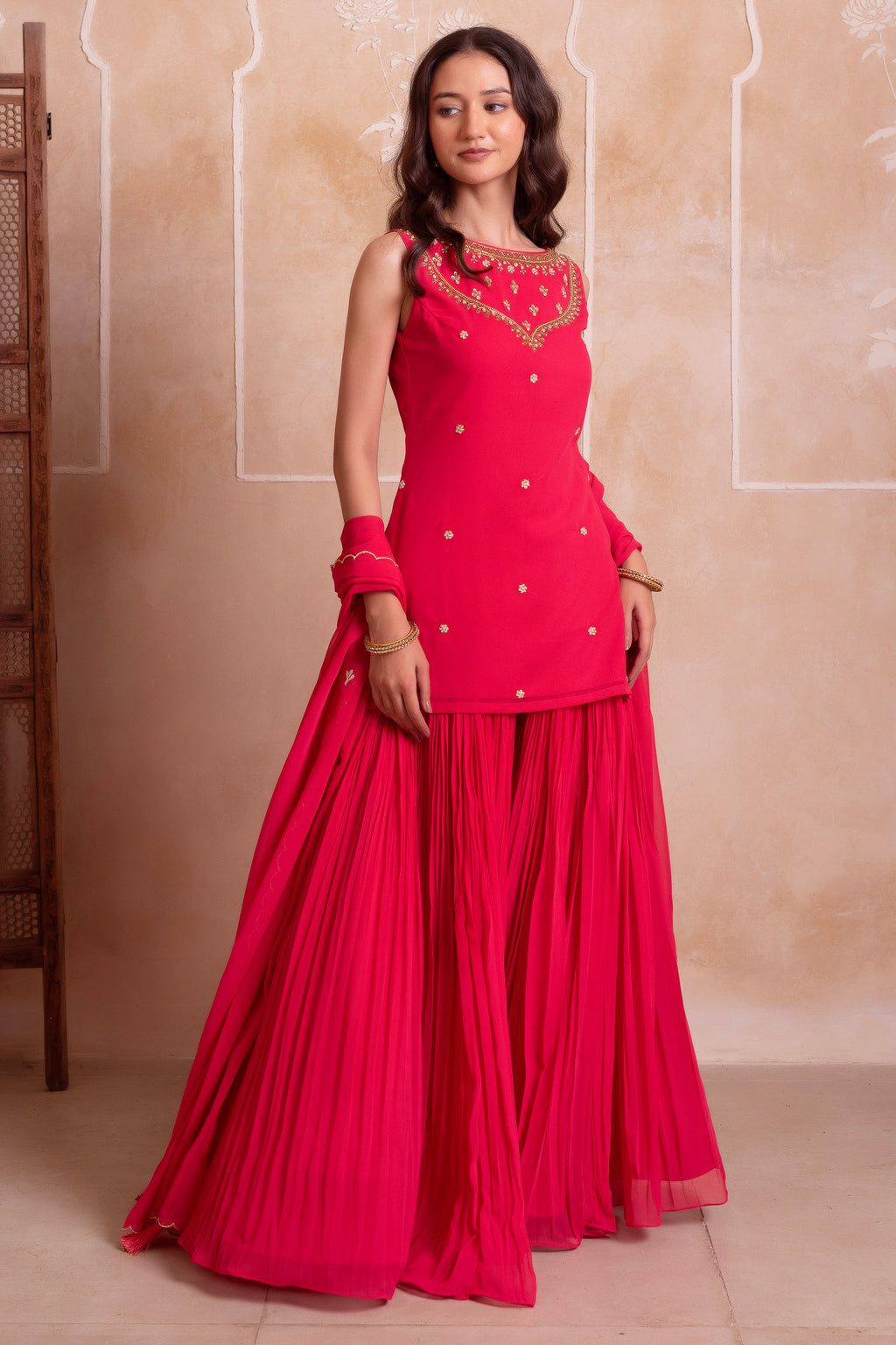 Magenta Pink Georgette Sharara Set with Embellished Yoke