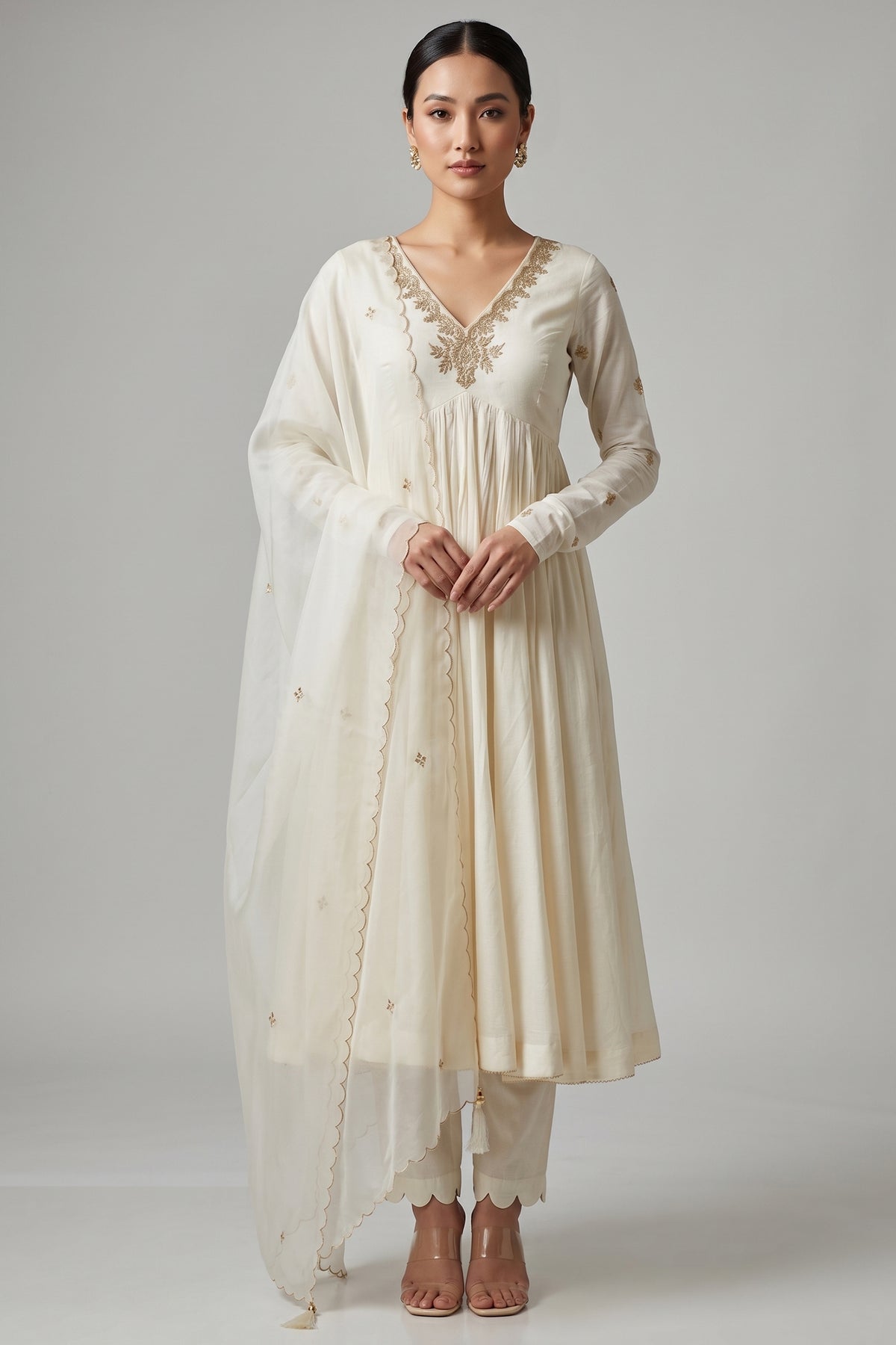 Off White Gold Embroidered Cotton Anarkali Suit