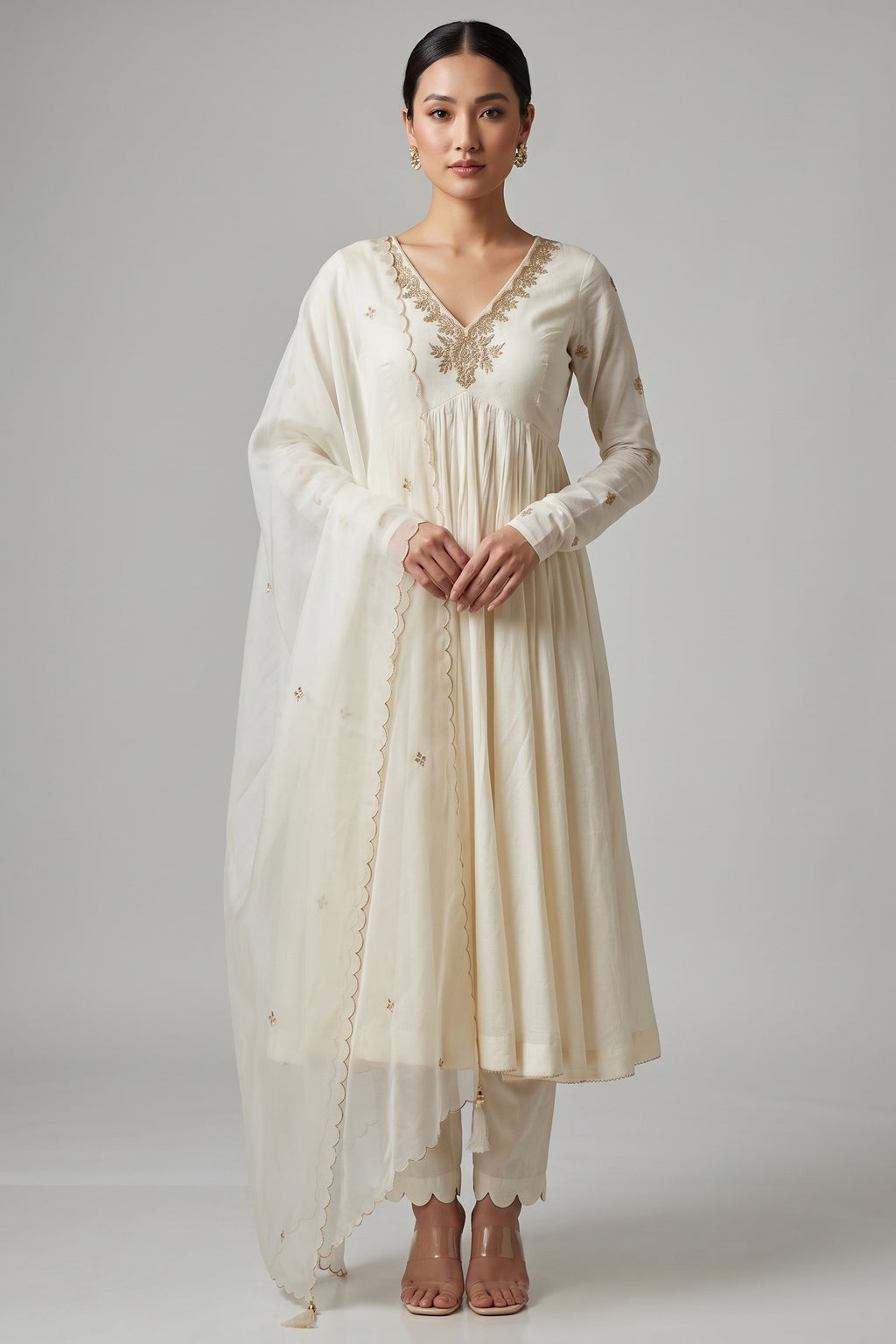 Off White Gold Embroidered Cotton Anarkali Suit