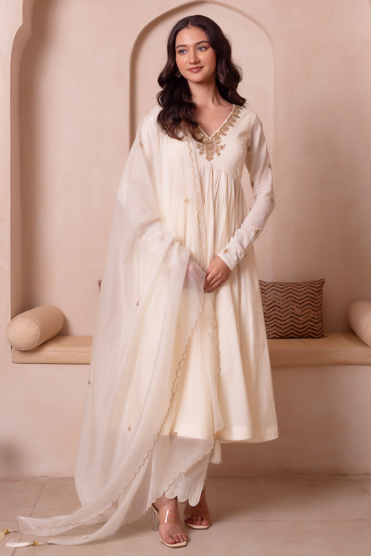 Off White Gold Embroidered Cotton Anarkali Suit