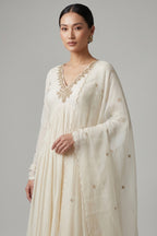 Off White Gold Embroidered Cotton Anarkali Suit
