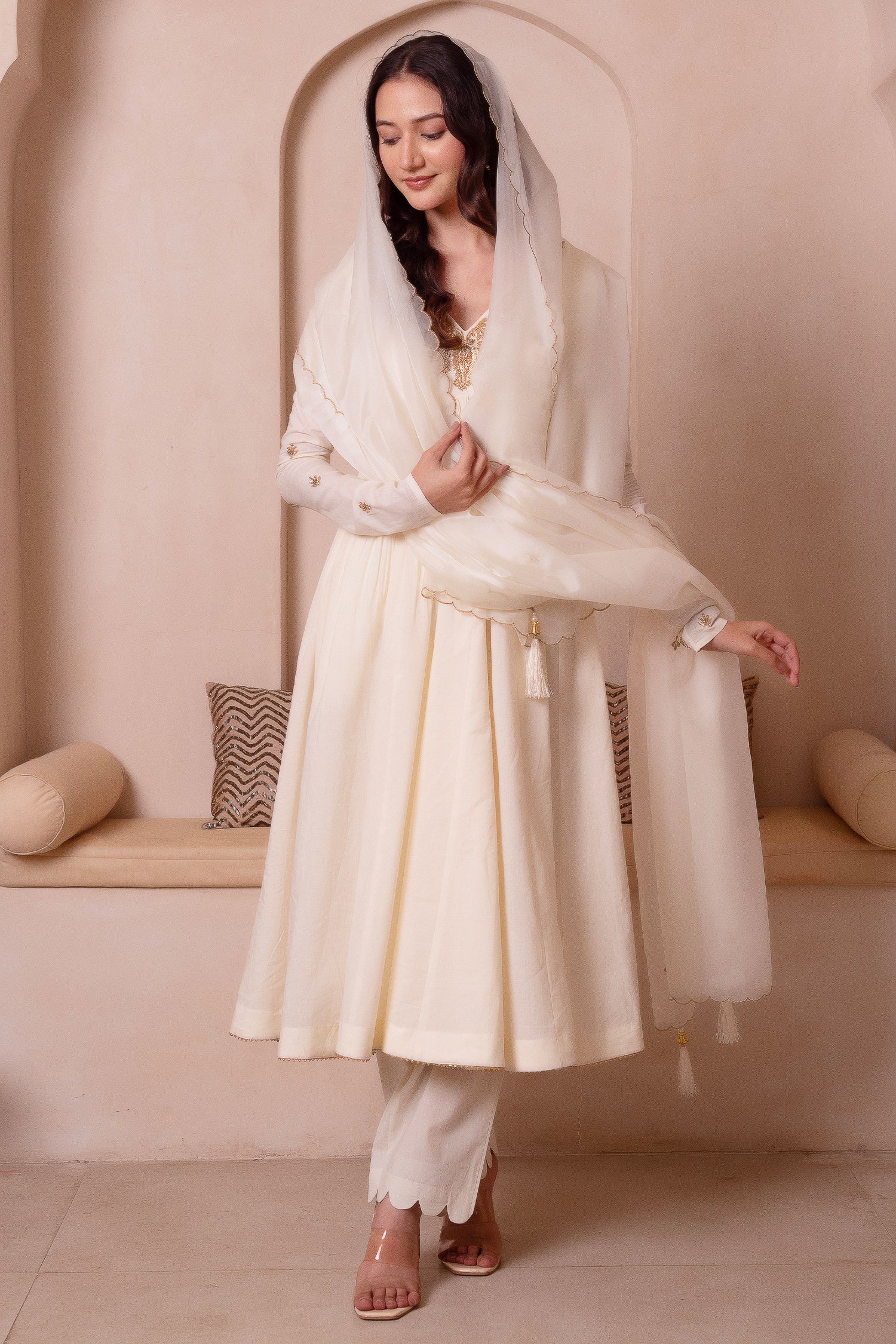 Off White Gold Embroidered Cotton Anarkali Suit