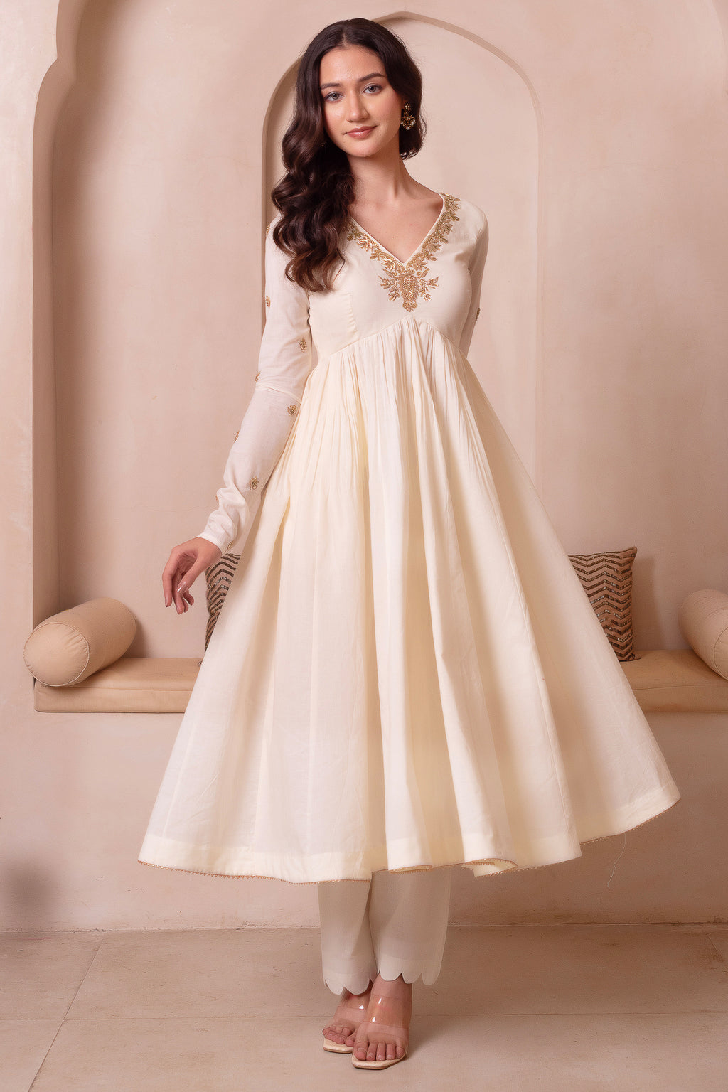 Off White Gold Embroidered Cotton Anarkali Suit