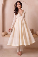 Off White Gold Embroidered Cotton Anarkali Suit