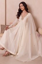 Off White Gold Embroidered Cotton Anarkali Suit