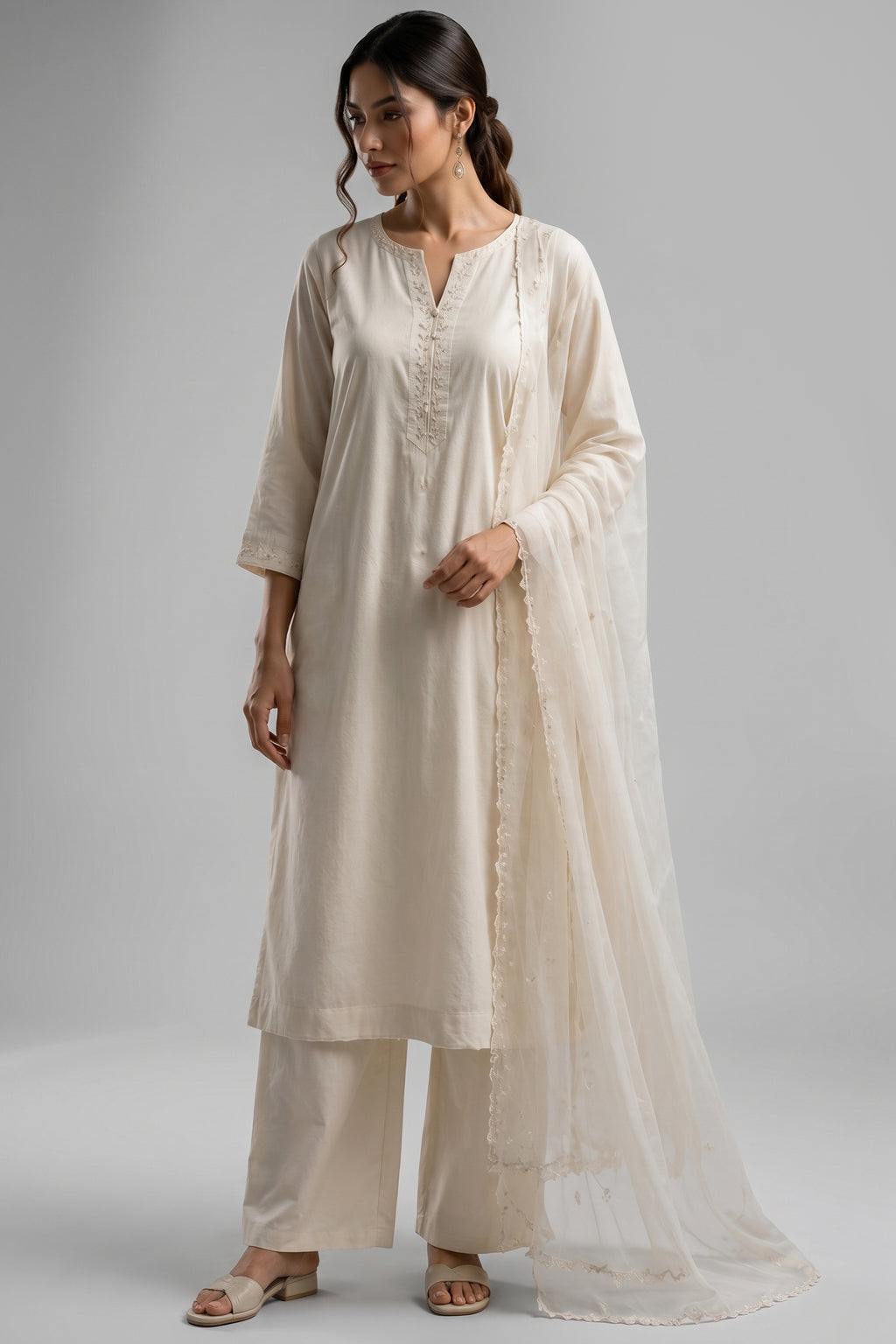 White Cotton Suit with Intricate Threadwork Embroidery