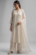 White Cotton Suit with Intricate Threadwork Embroidery