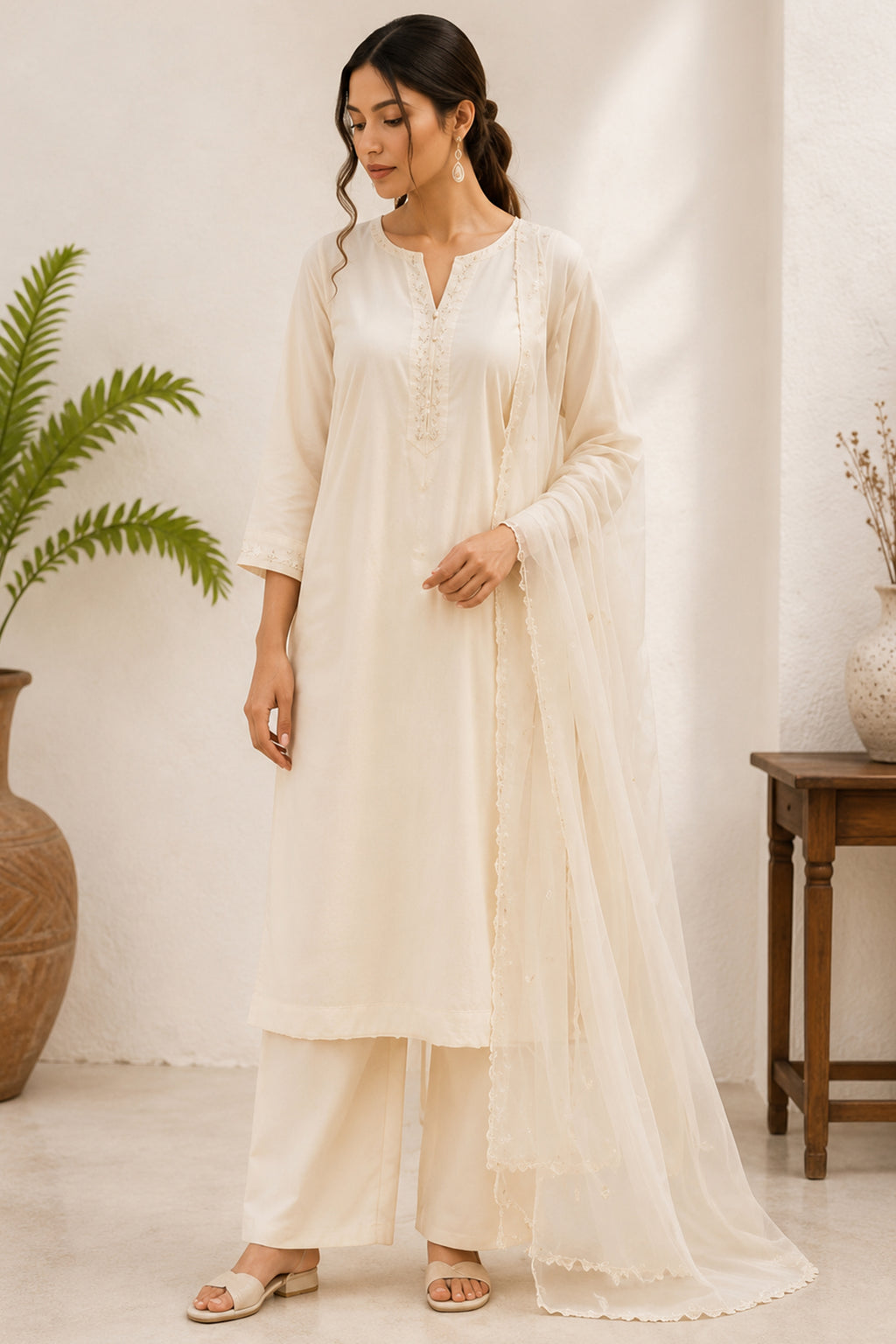 White Cotton Suit with Intricate Threadwork Embroidery