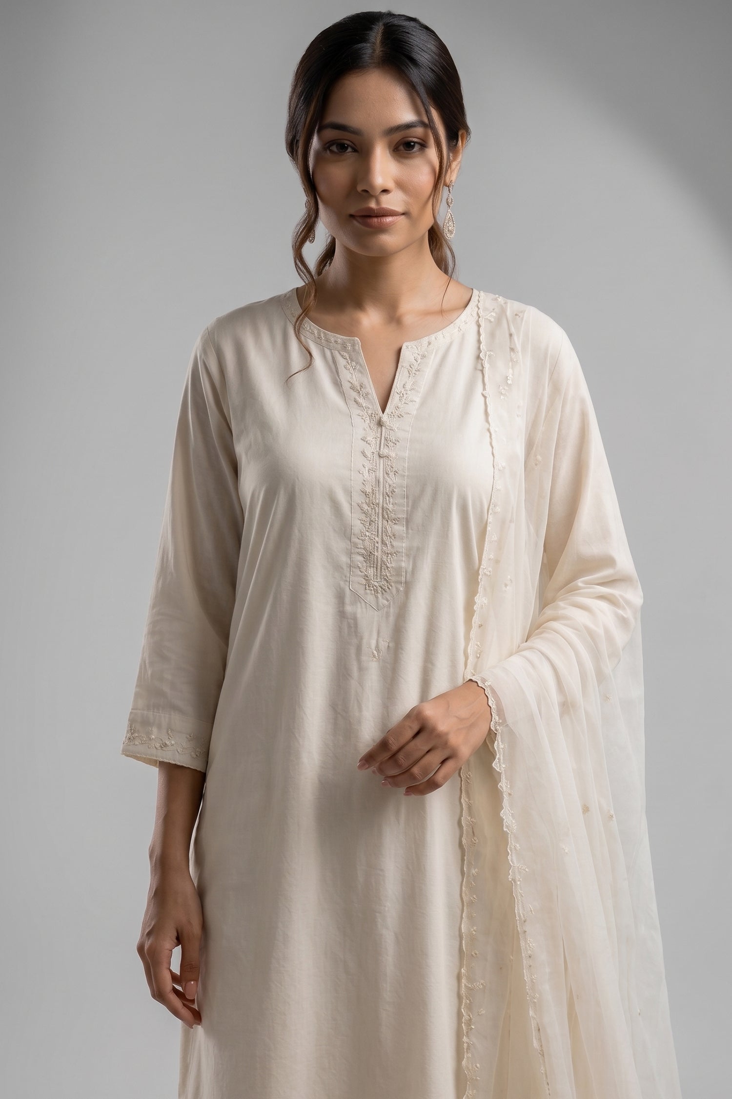 White Cotton Suit with Intricate Threadwork Embroidery Secondary image