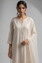 White Cotton Suit with Intricate Threadwork Embroidery