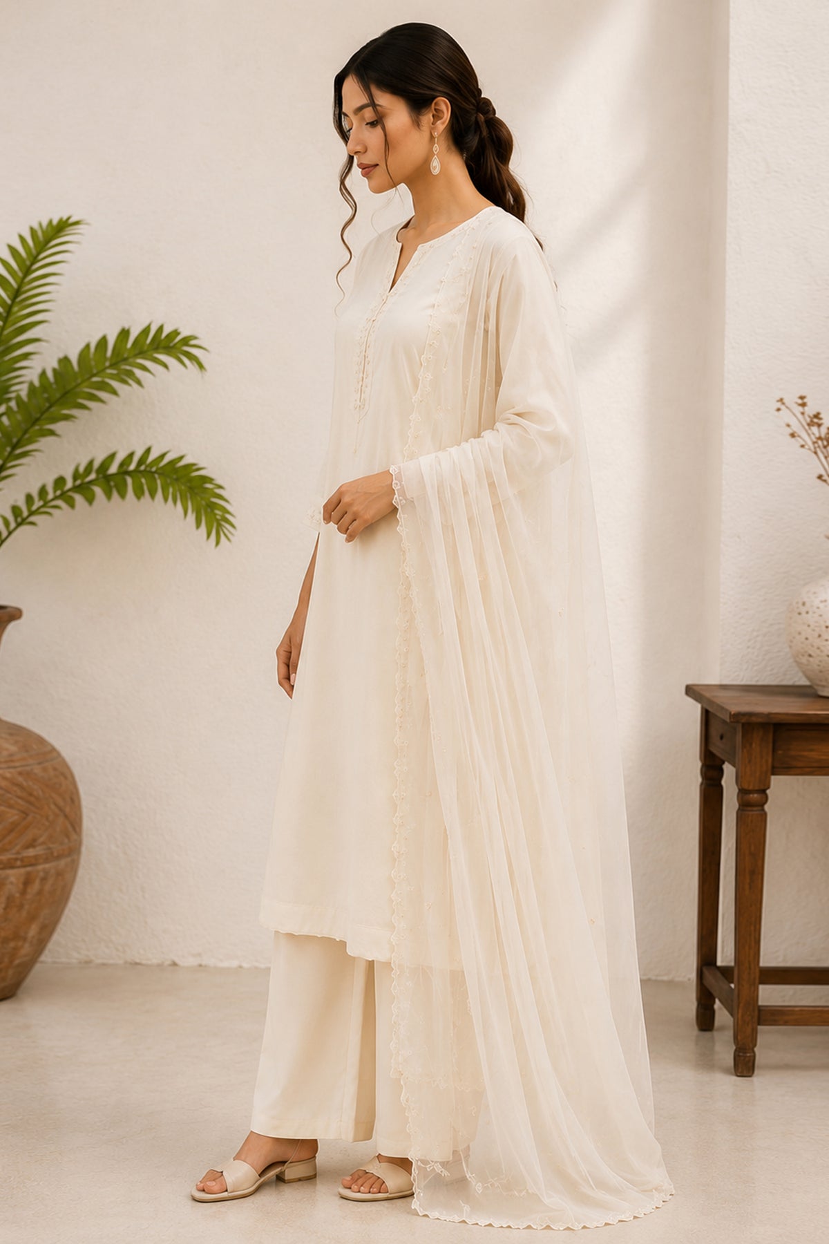 White Cotton Suit with Intricate Threadwork Embroidery