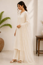 White Cotton Suit with Intricate Threadwork Embroidery
