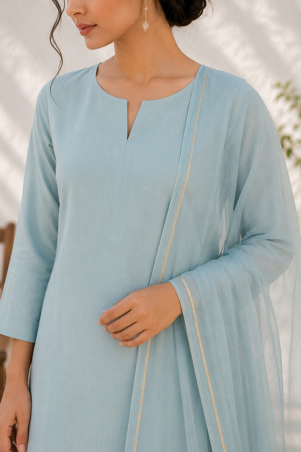 Powder Blue Pure Cotton Suit with Zari Border Dupatta