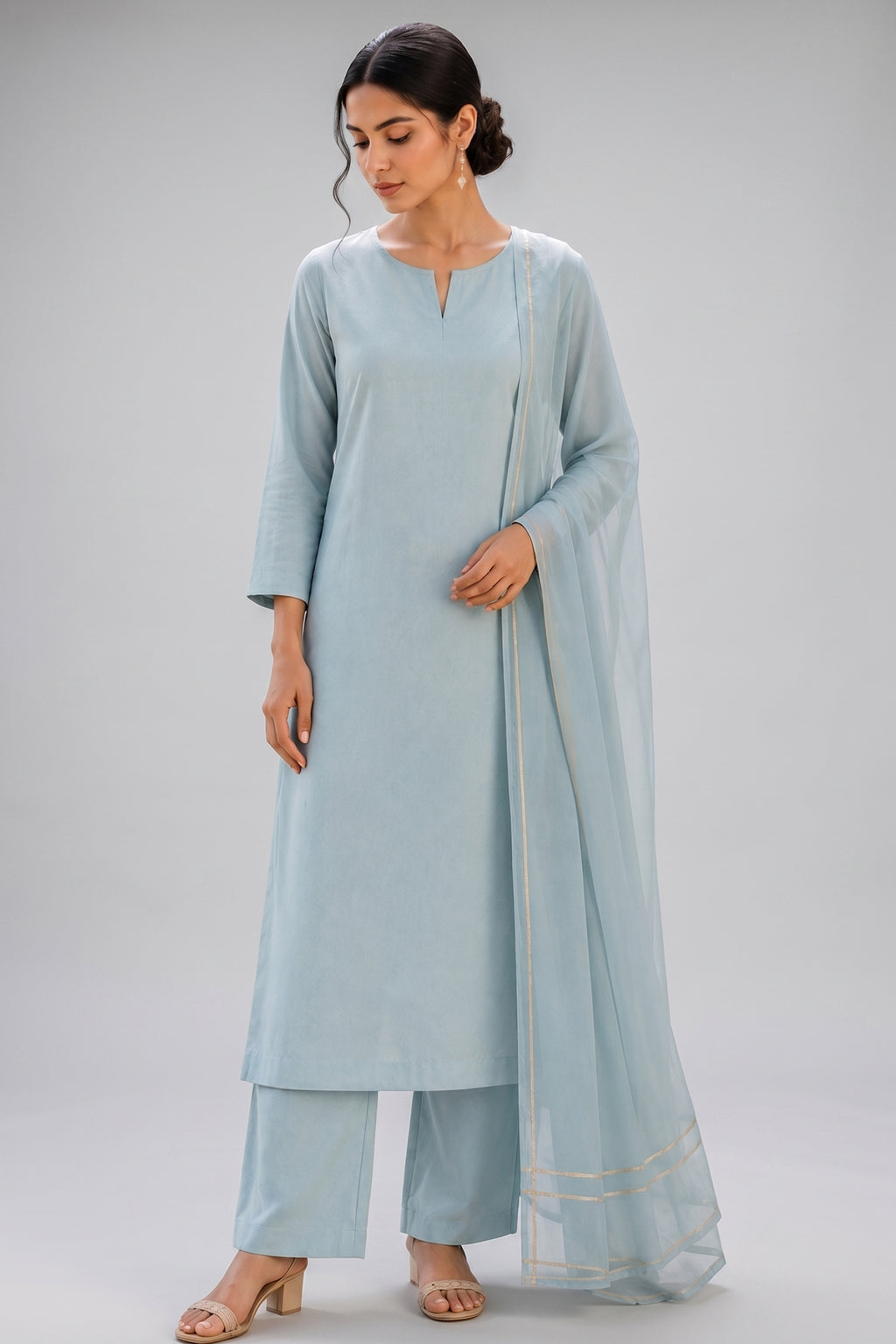 Powder Blue Pure Cotton Suit with Zari Border Dupatta