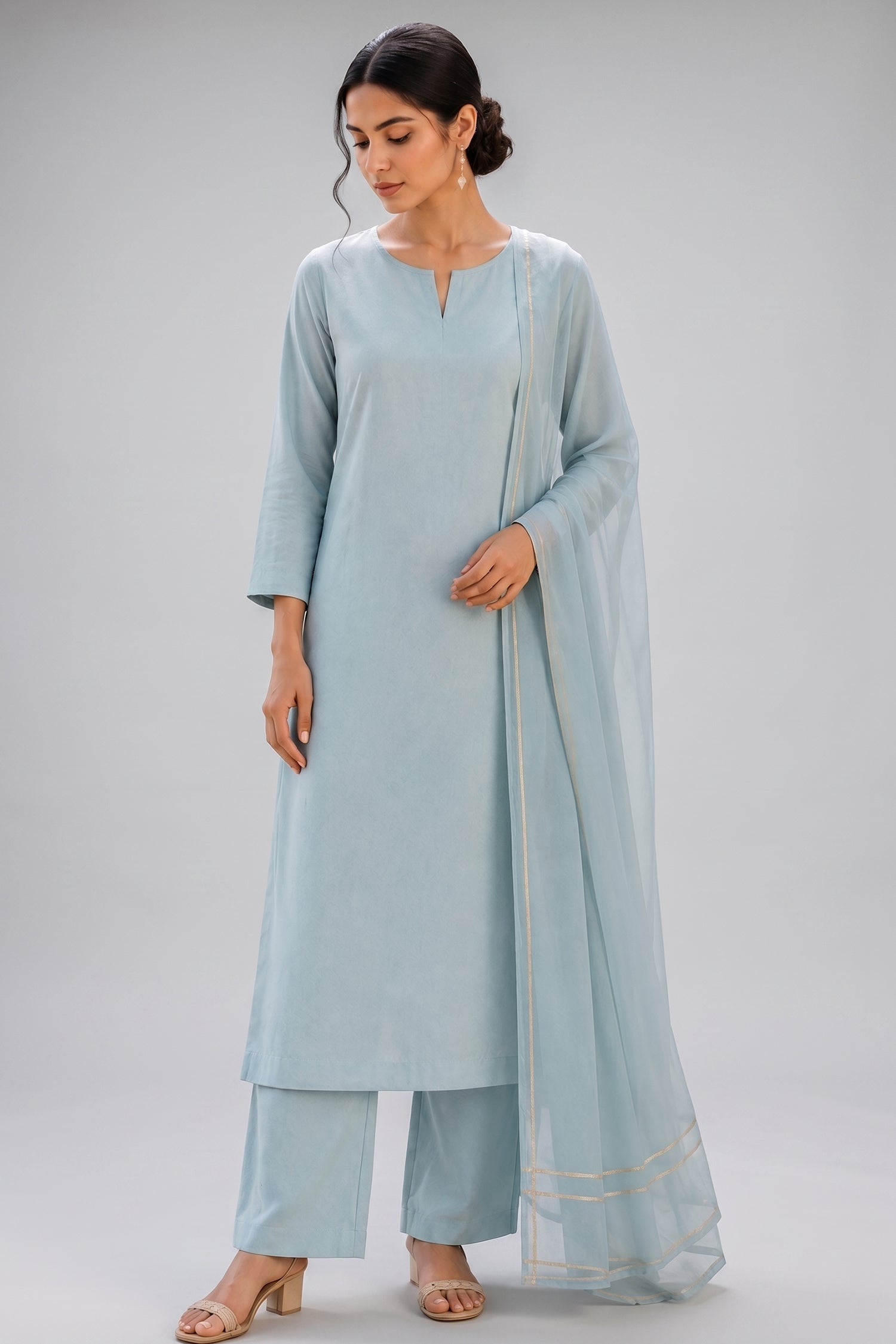 Powder Blue Pure Cotton Suit with Zari Border Dupatta