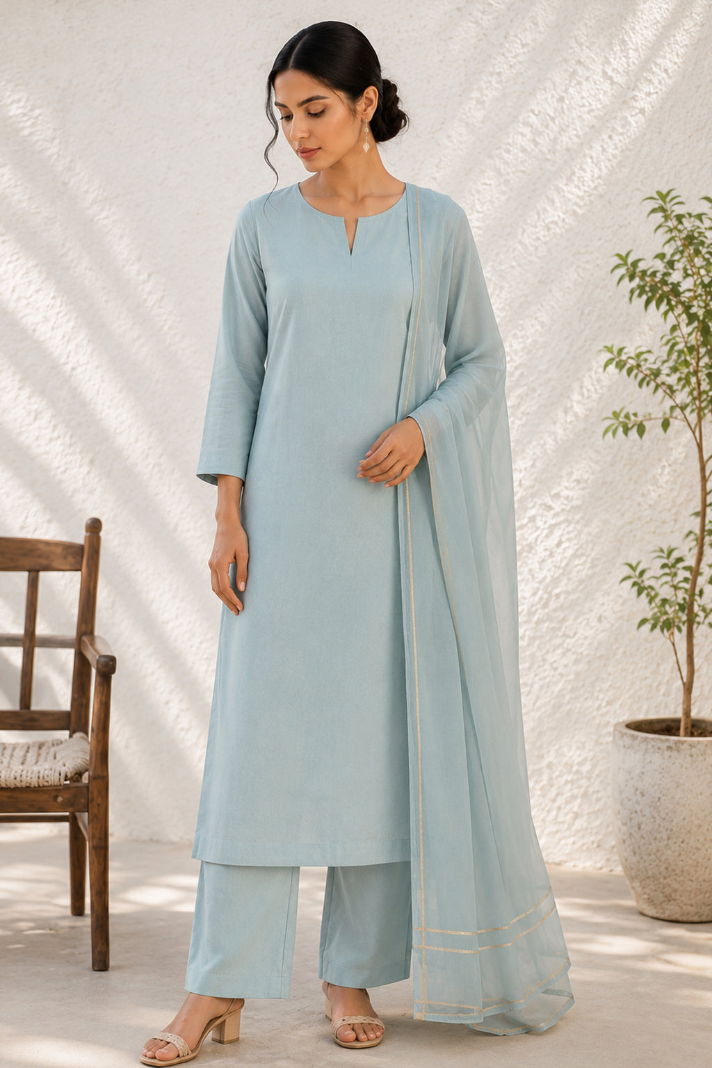 Powder Blue Pure Cotton Suit with Zari Border Dupatta