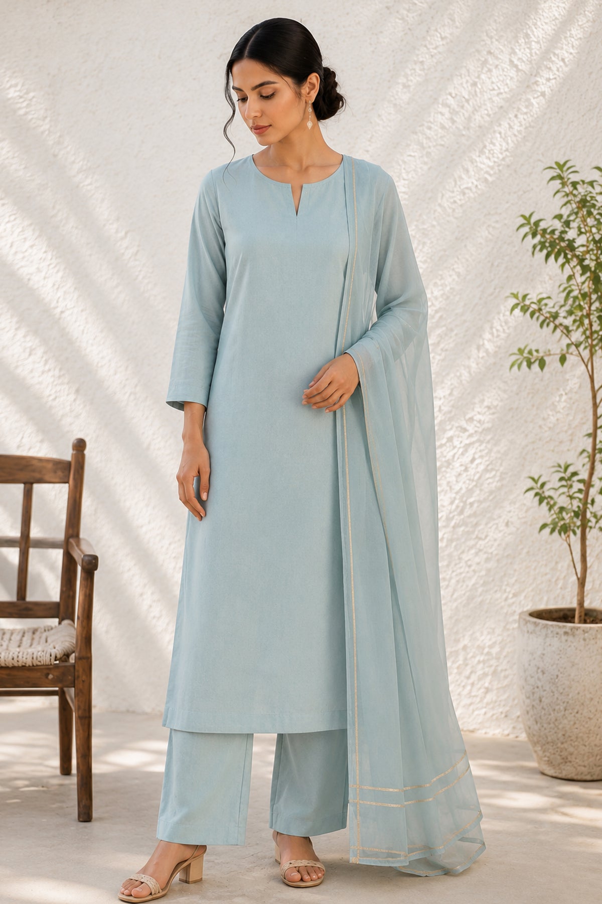 Powder Blue Pure Cotton Suit with Zari Border Dupatta