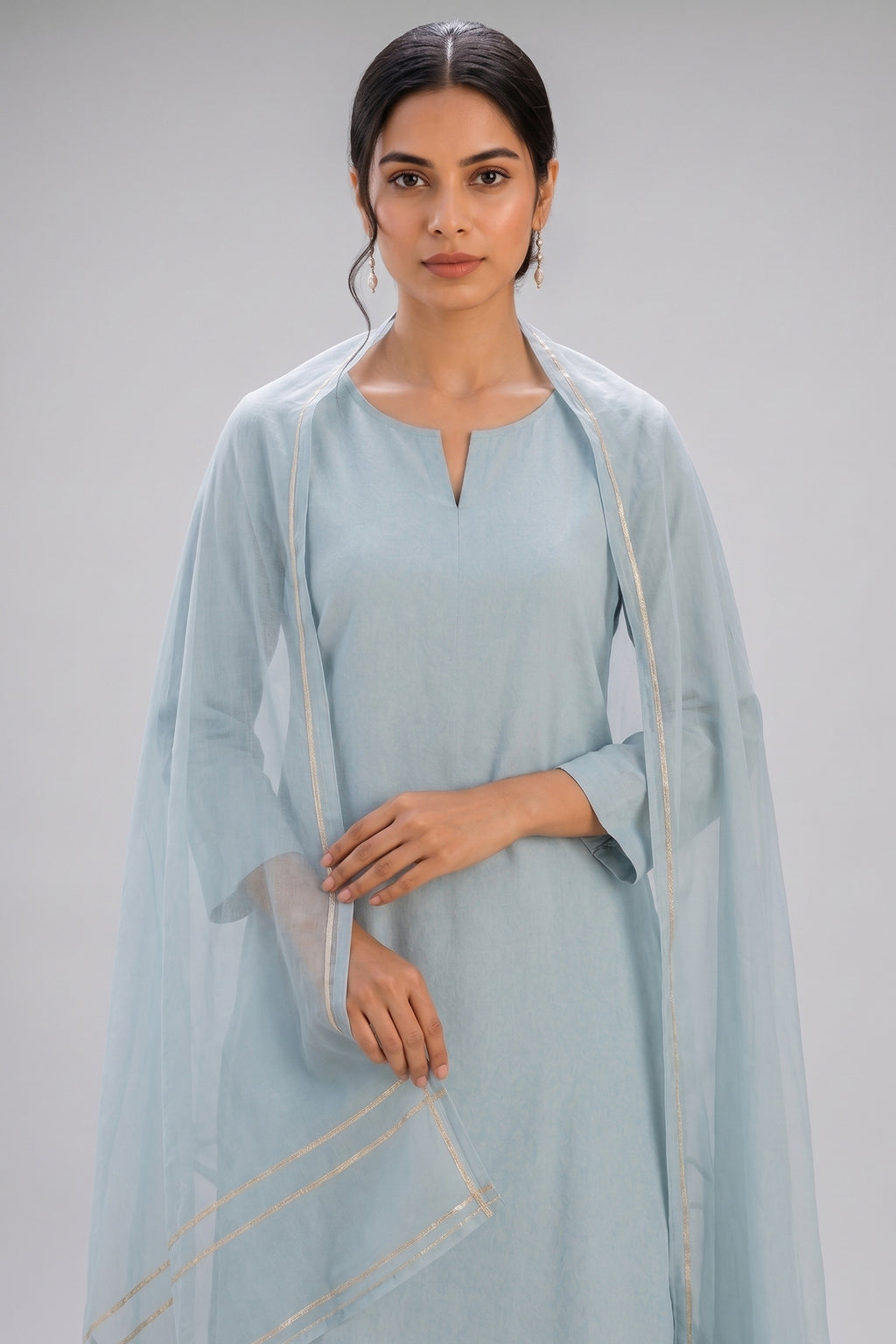 Powder Blue Pure Cotton Suit with Zari Border Dupatta