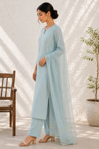 Powder Blue Pure Cotton Suit with Zari Border Dupatta