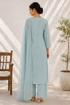Powder Blue Pure Cotton Suit with Zari Border Dupatta