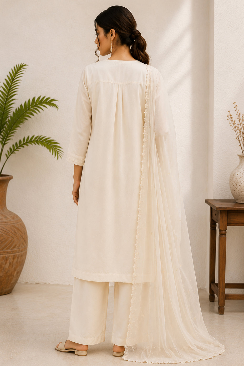 Off White Embroidered Cotton Straight Cut Suit