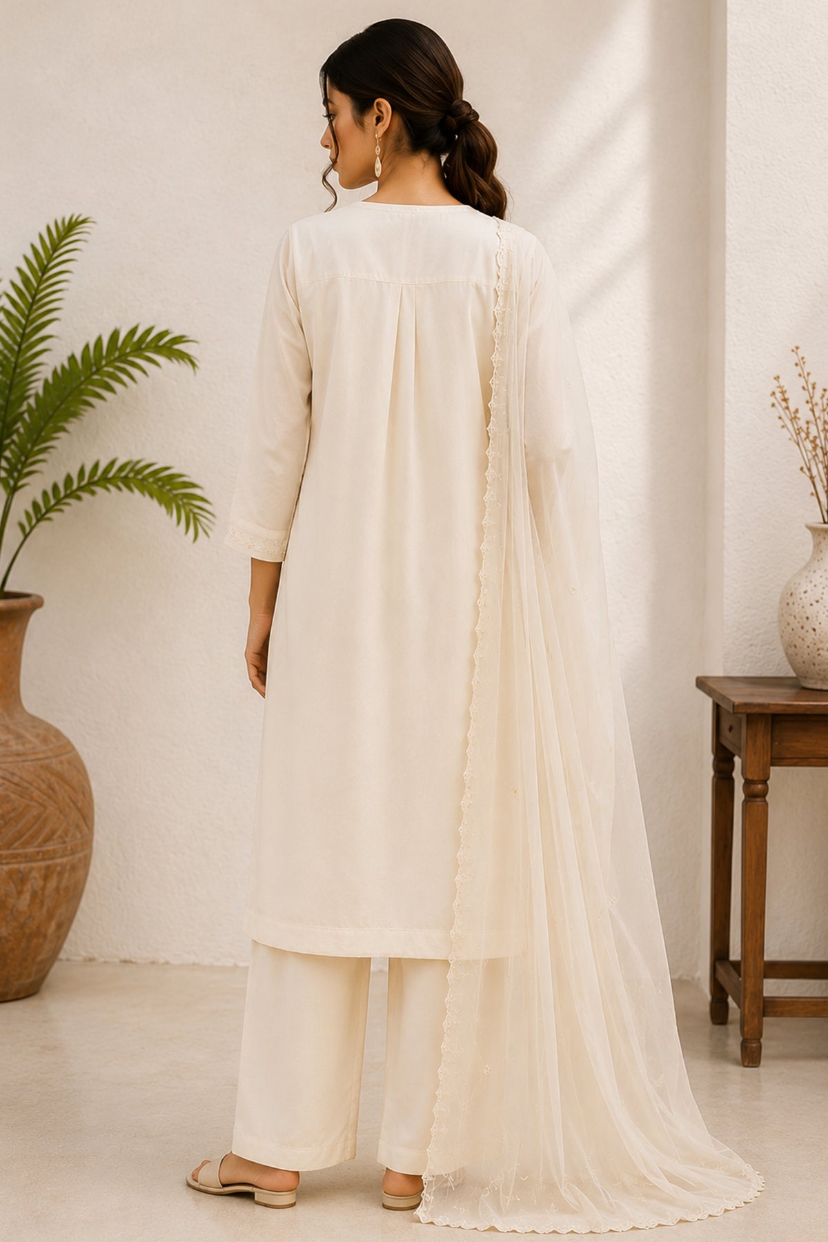 Off White Embroidered Cotton Straight Cut Suit