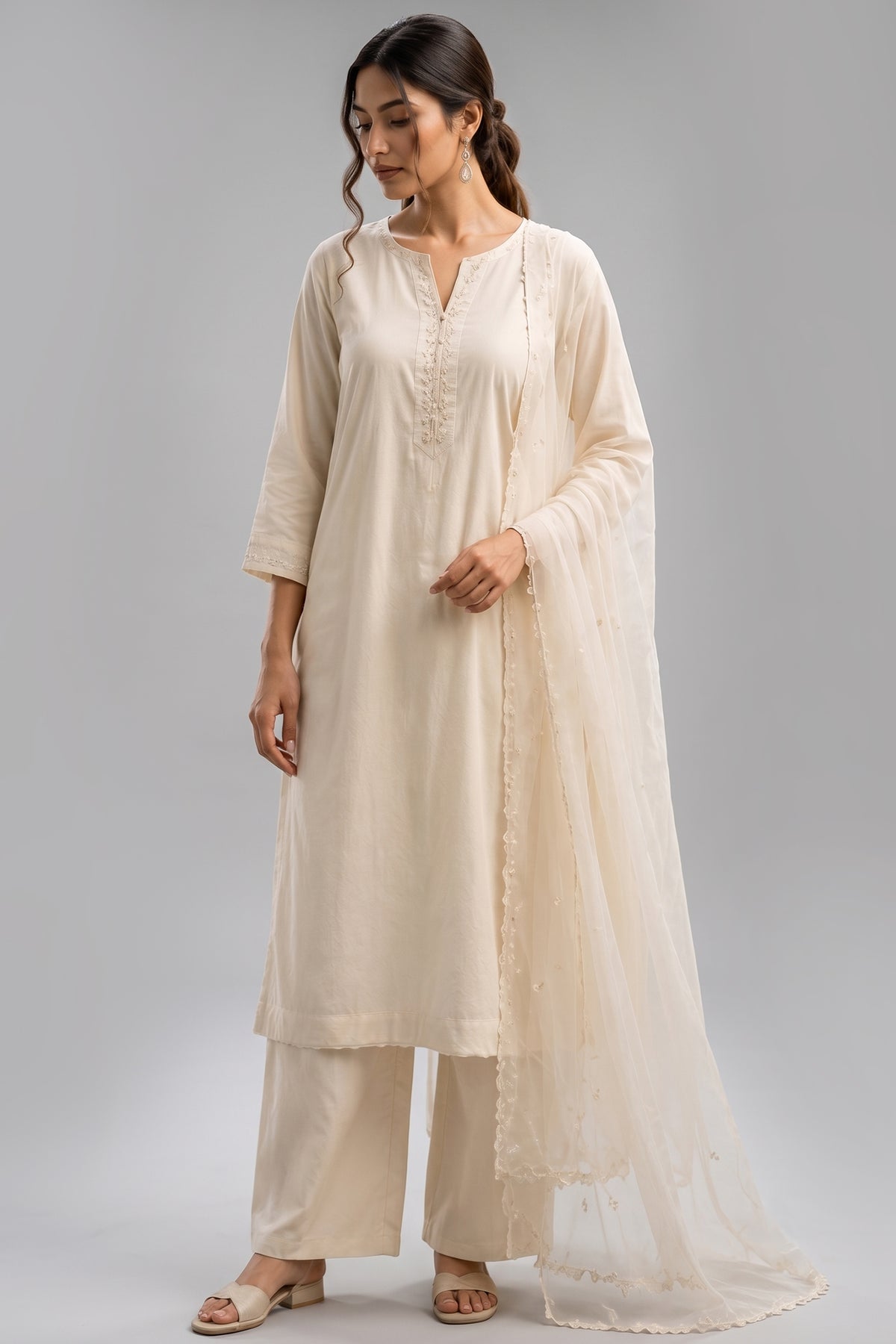Off White Embroidered Cotton Straight Cut Suit