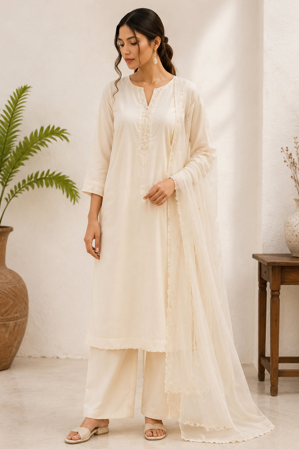 Off White Embroidered Cotton Straight Cut Suit