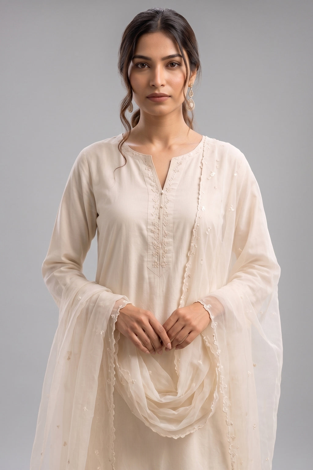 Off White Embroidered Cotton Straight Cut Suit