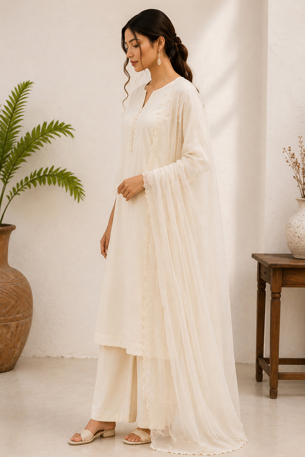 Off White Embroidered Cotton Straight Cut Suit
