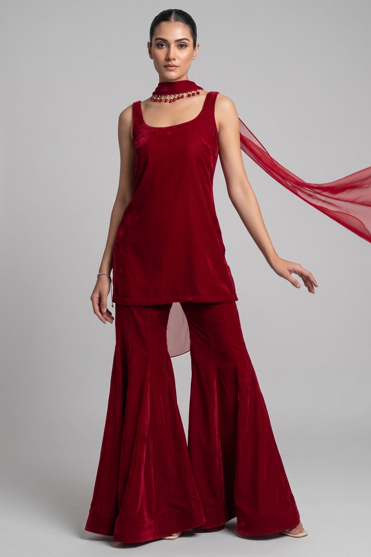 Wine Maroon Velvet Sharara Suit with Beaded Scarf Dupatta Main image
