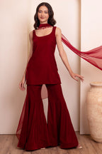 Wine Maroon Velvet Sharara Suit with Beaded Scarf Dupatta
