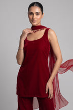 Wine Maroon Velvet Sharara Suit with Beaded Scarf Dupatta