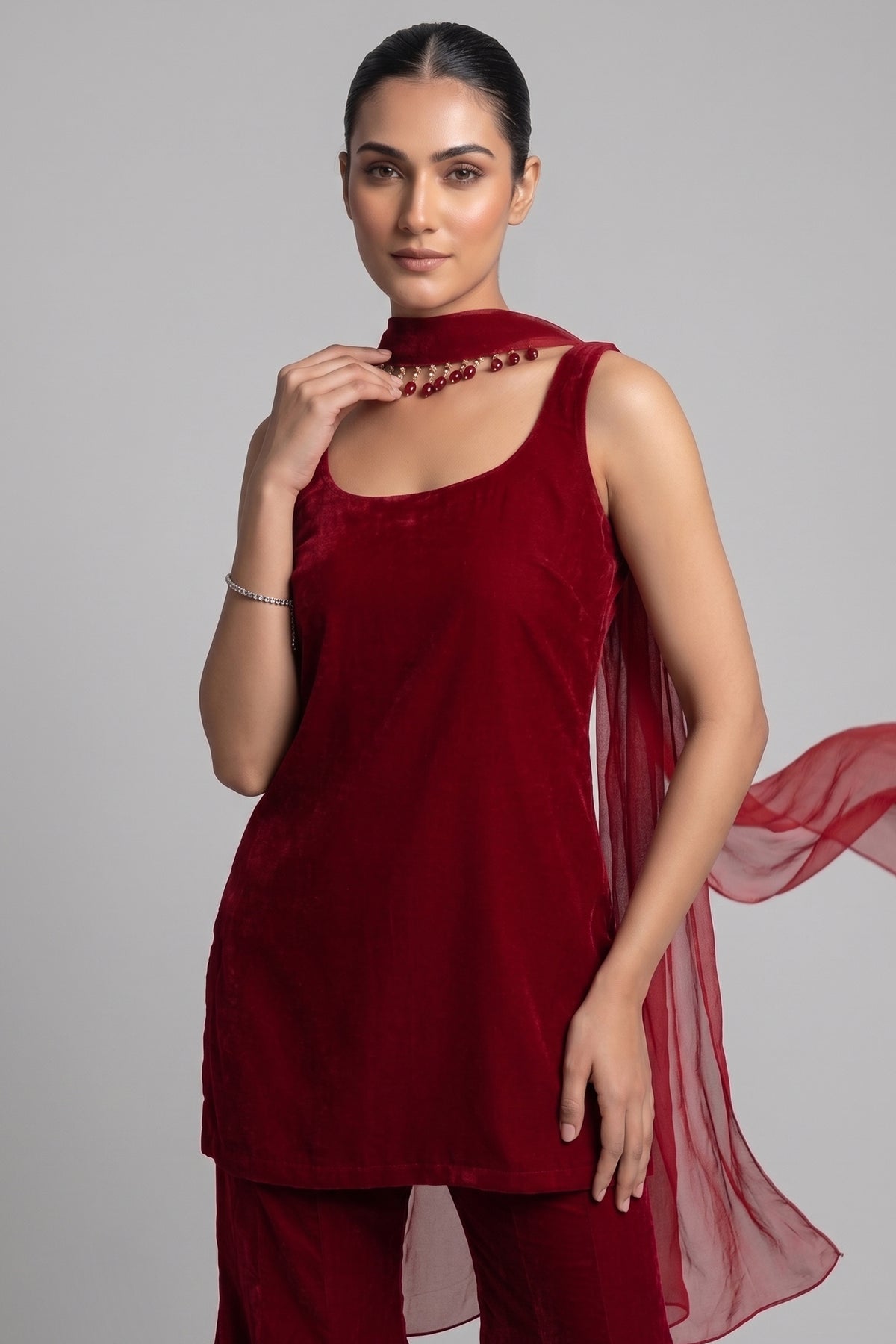 Wine Maroon Velvet Sharara Suit with Beaded Scarf Dupatta