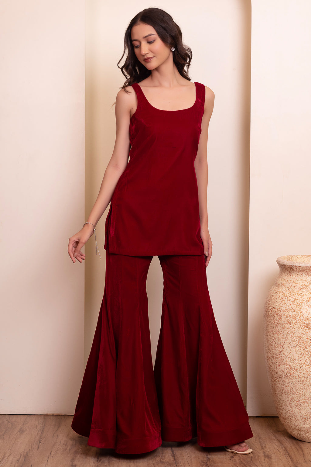 Wine Maroon Velvet Sharara Suit with Beaded Scarf Dupatta