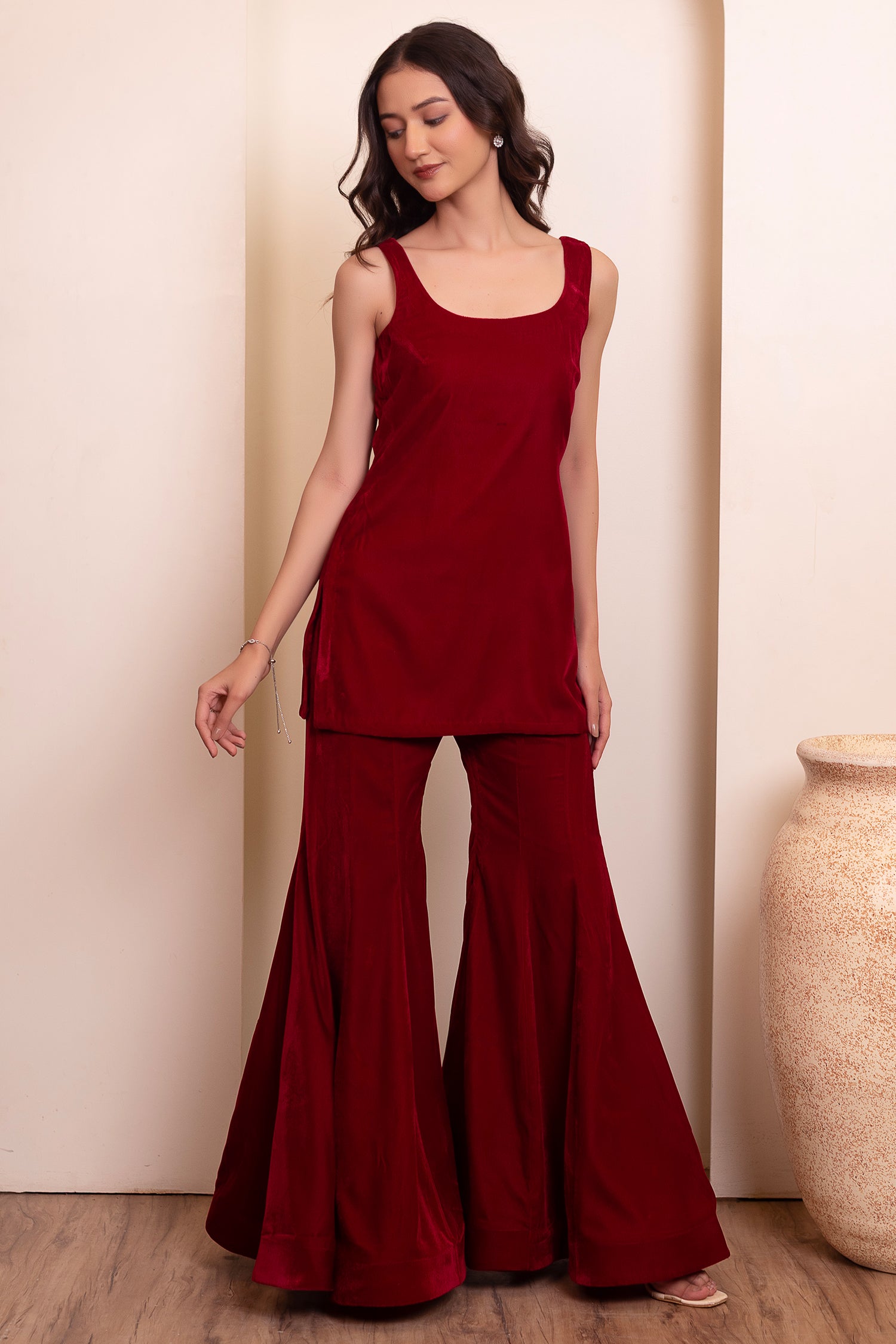 Wine Maroon Velvet Sharara Suit with Beaded Scarf Dupatta