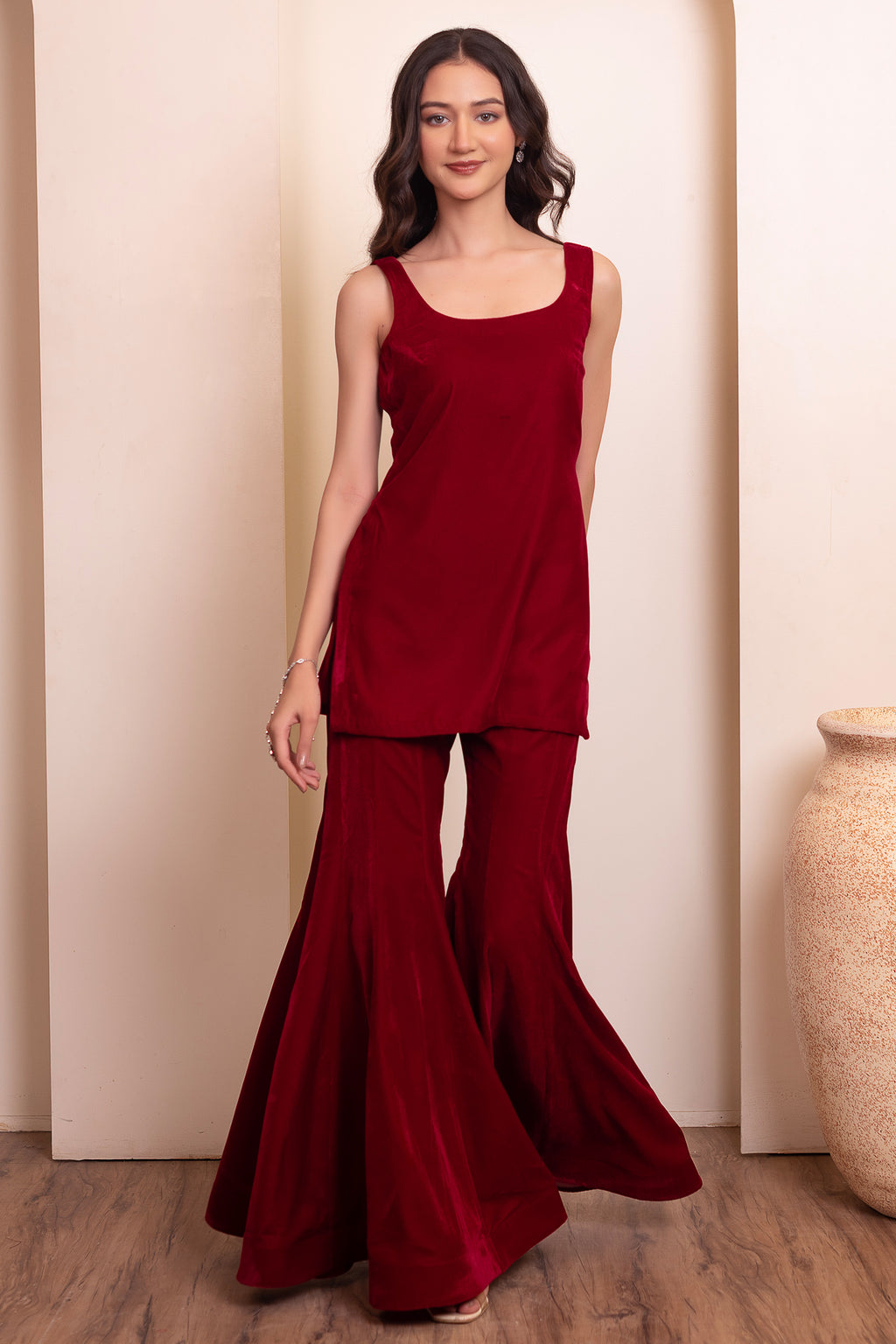 Wine Maroon Velvet Sharara Suit with Beaded Scarf Dupatta