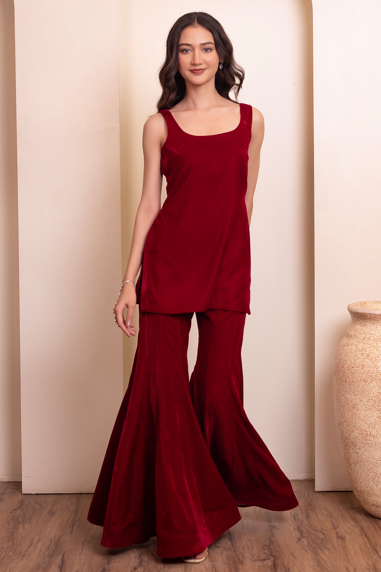Wine Maroon Velvet Sharara Suit with Beaded Scarf Dupatta