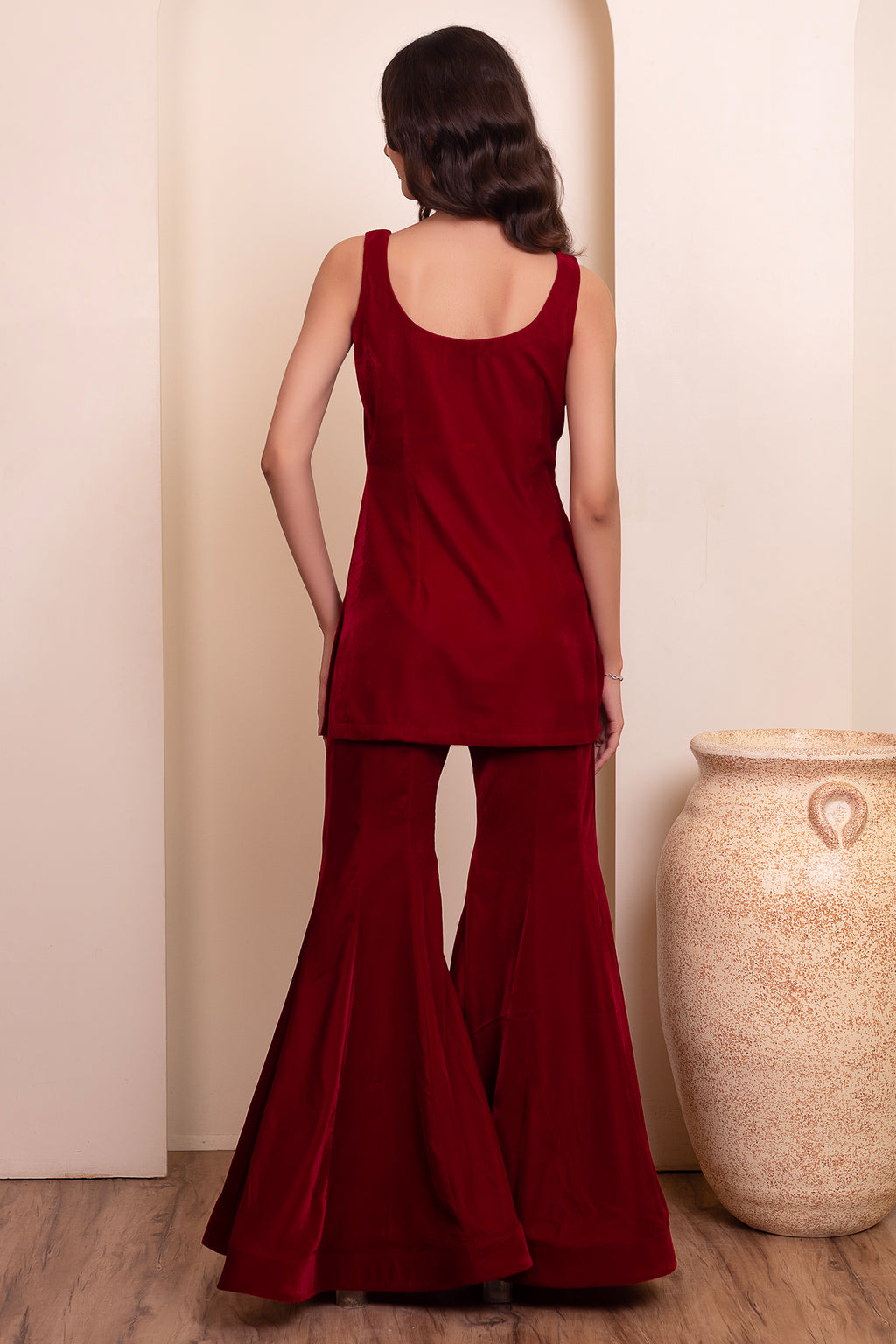 Wine Maroon Velvet Sharara Suit with Beaded Scarf Dupatta