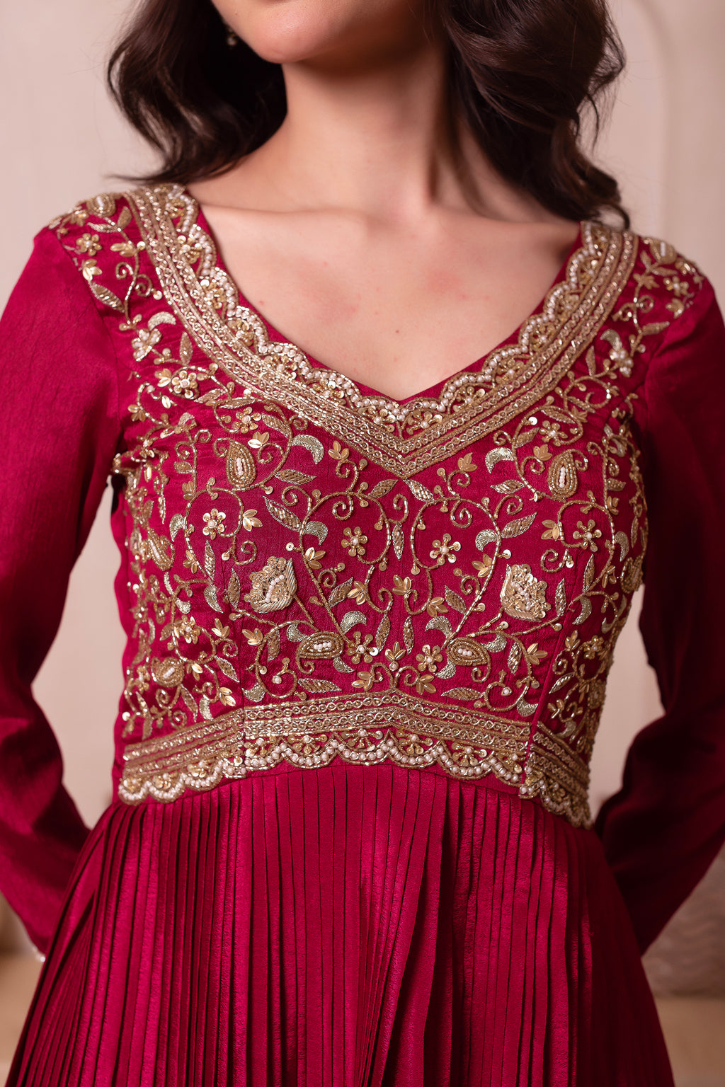 Maroon Chinon Silk Flared Embroidered Anarkali Suit