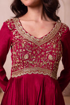 Maroon Chinon Silk Flared Embroidered Anarkali Suit