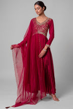 Maroon Chinon Silk Flared Embroidered Anarkali Suit