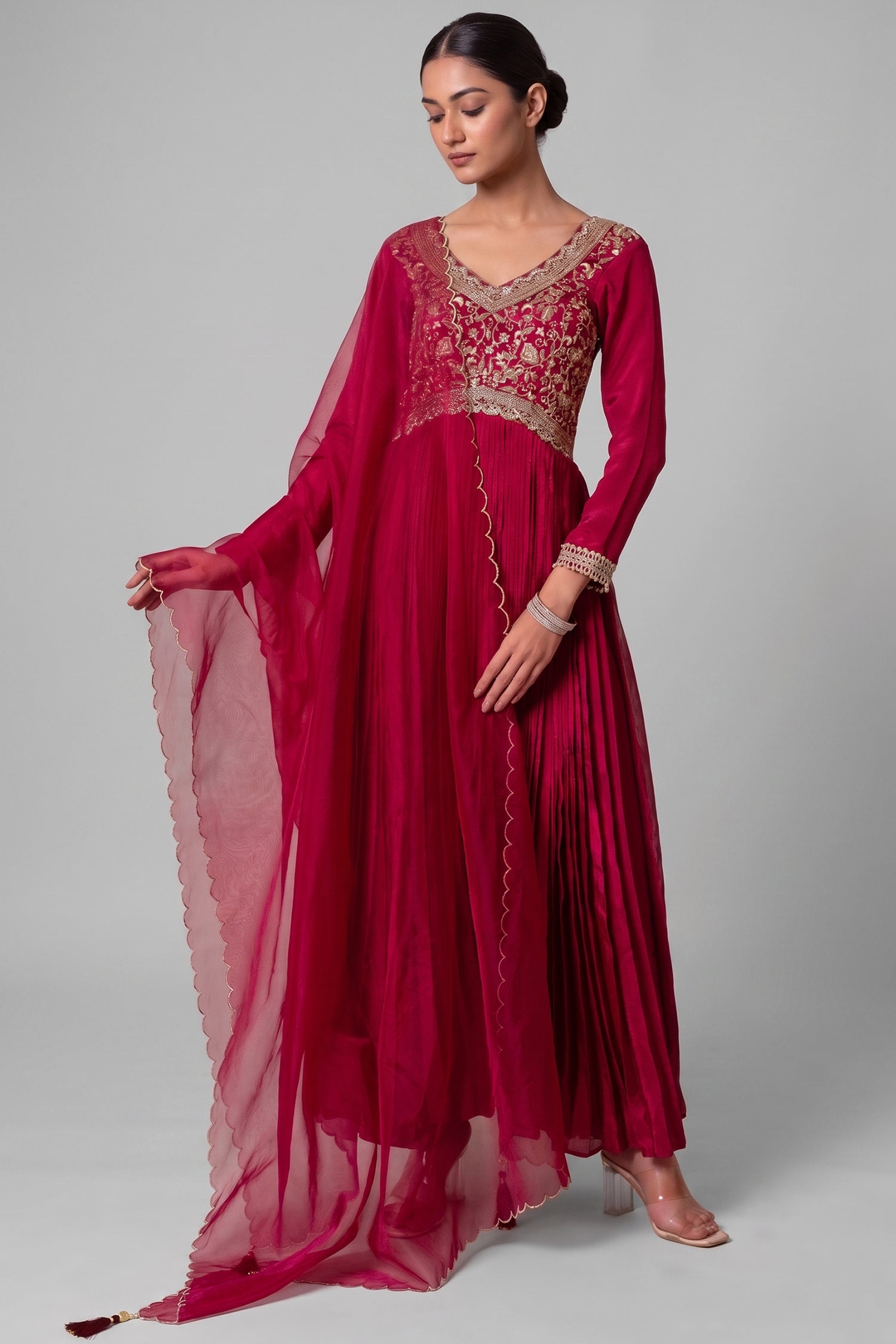 Maroon Chinon Silk Flared Embroidered Anarkali Suit