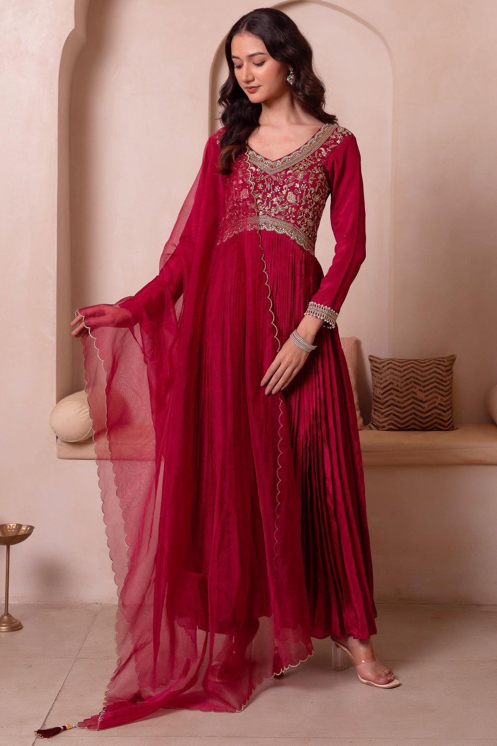 Maroon Chinon Silk Flared Embroidered Anarkali Suit