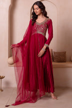 Maroon Chinon Silk Flared Embroidered Anarkali Suit